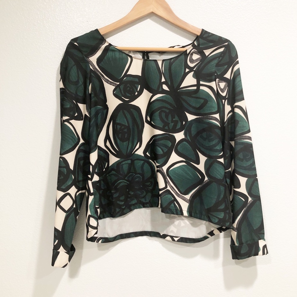 Zara Green Floral Long Sleeve Top Size M